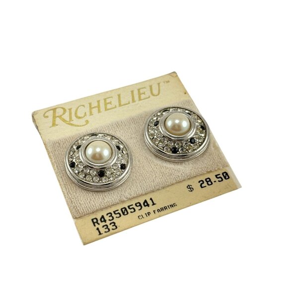 Vintage Richelieu Clip-On Earrings Pearl Rhinestone Silver Tone Button Style - Picture 3 of 6